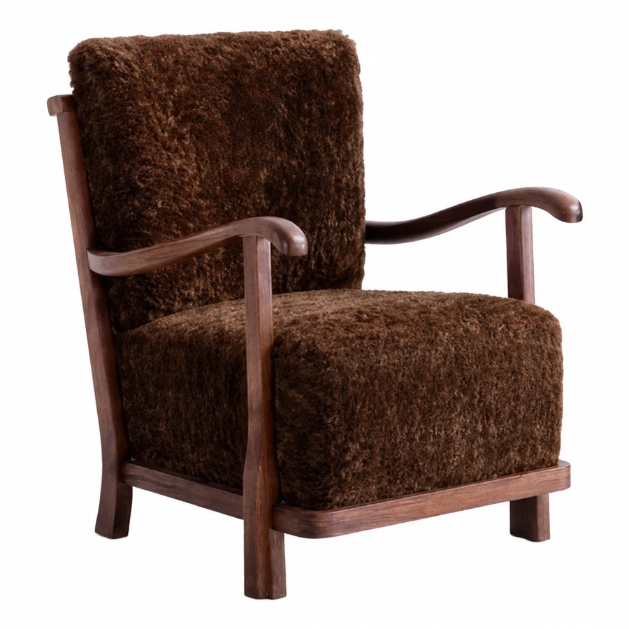 Brown Boucle Wood Frame Armchair