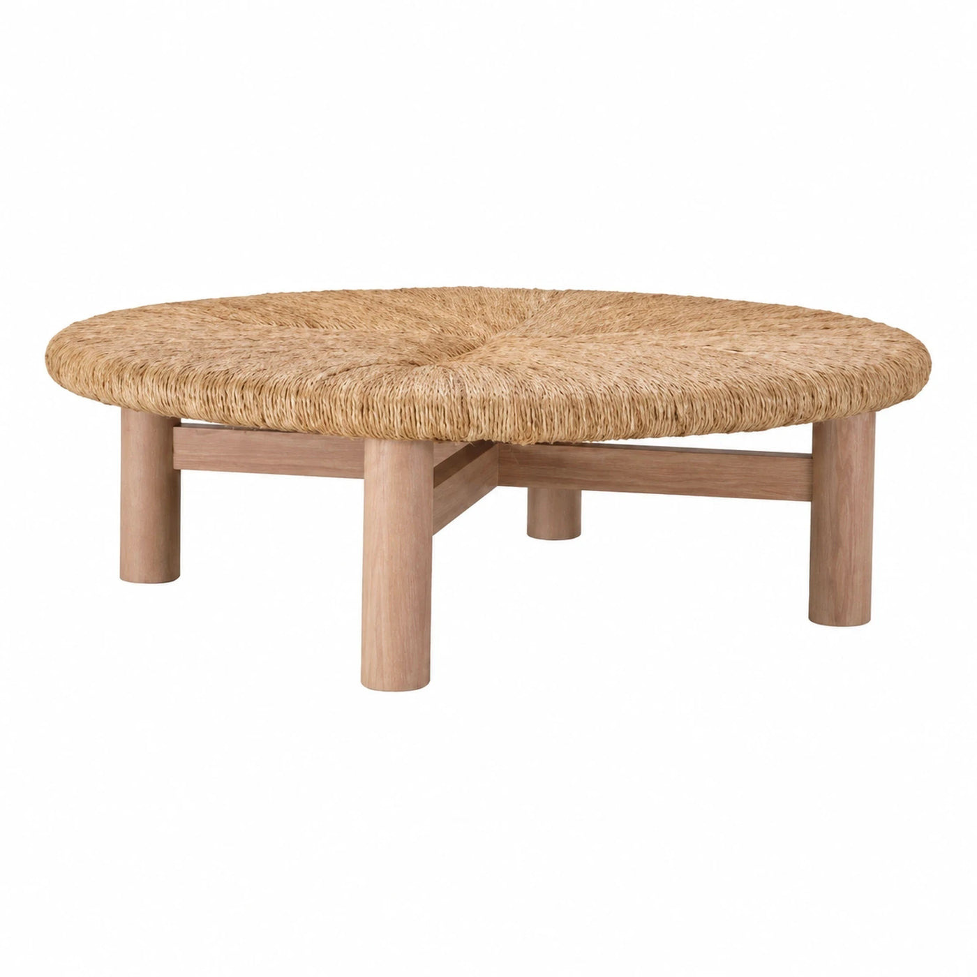 Round Rattan Coffee Table with Wooden Legs