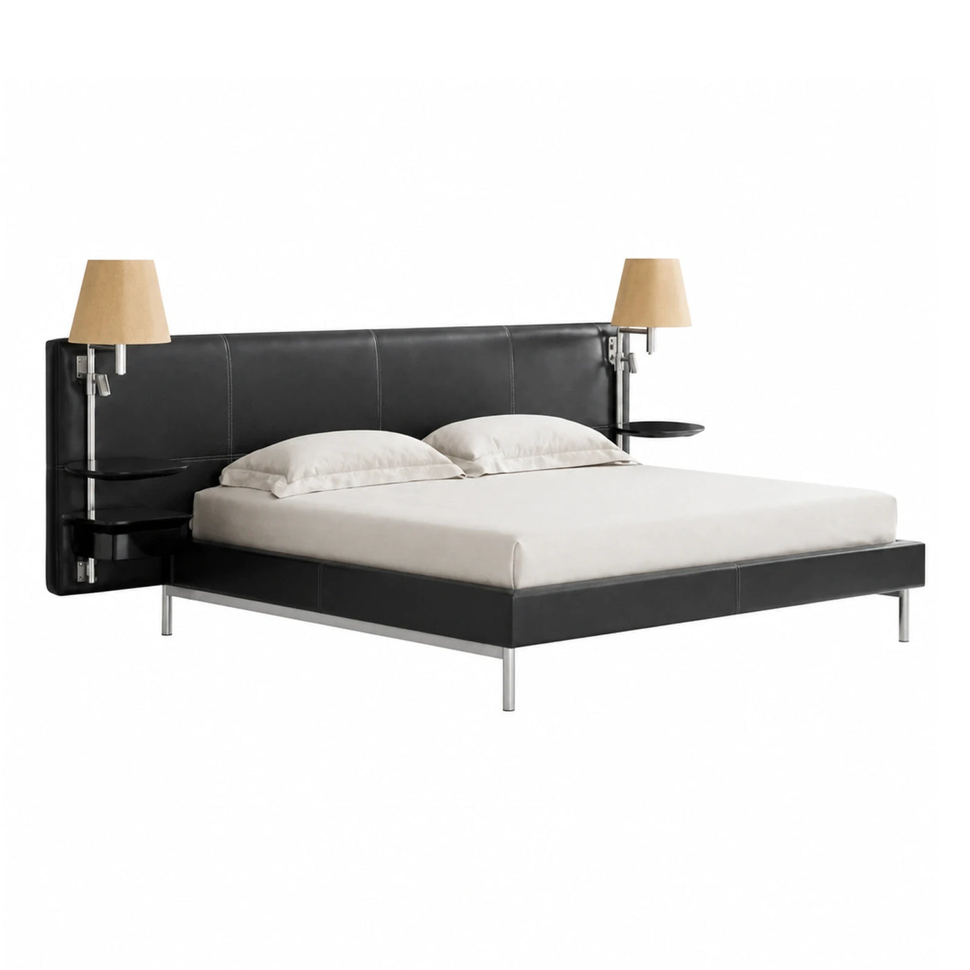 Black Leather Platform Bed with Integrated Nightstands