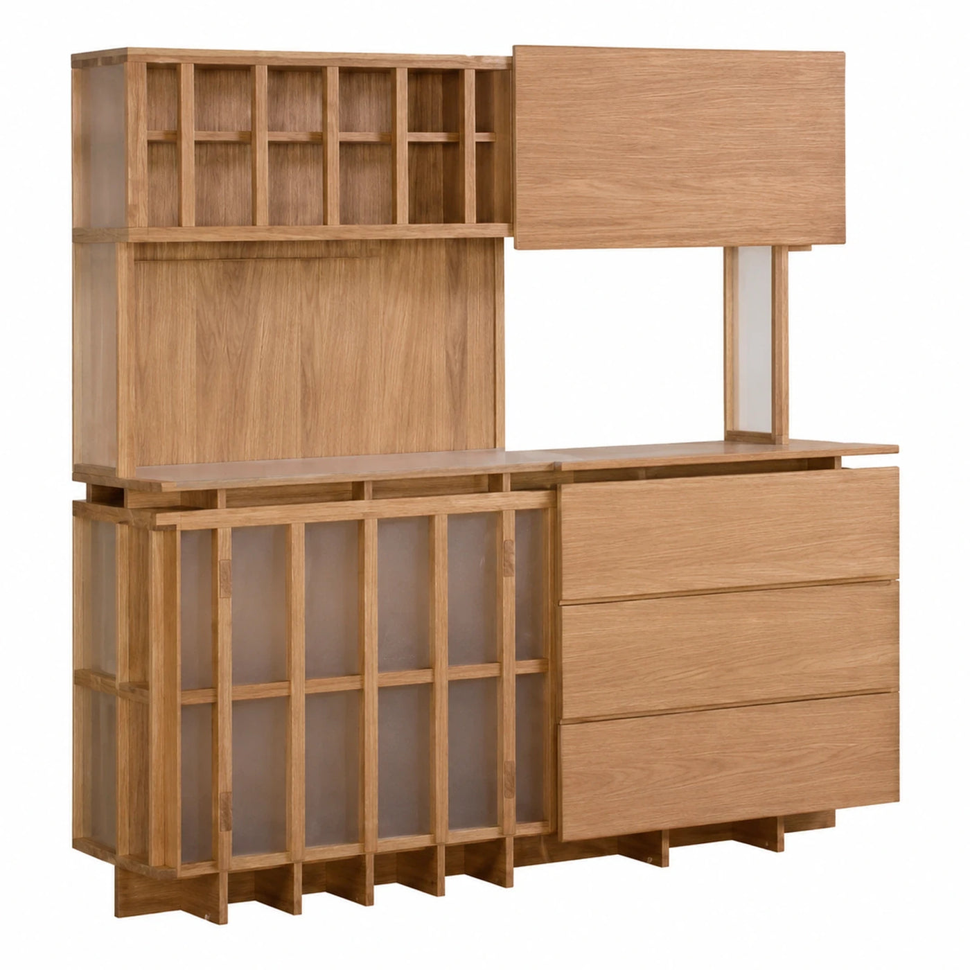 Light Oak Wood Sideboard with Glass Panel Doors and Drawers