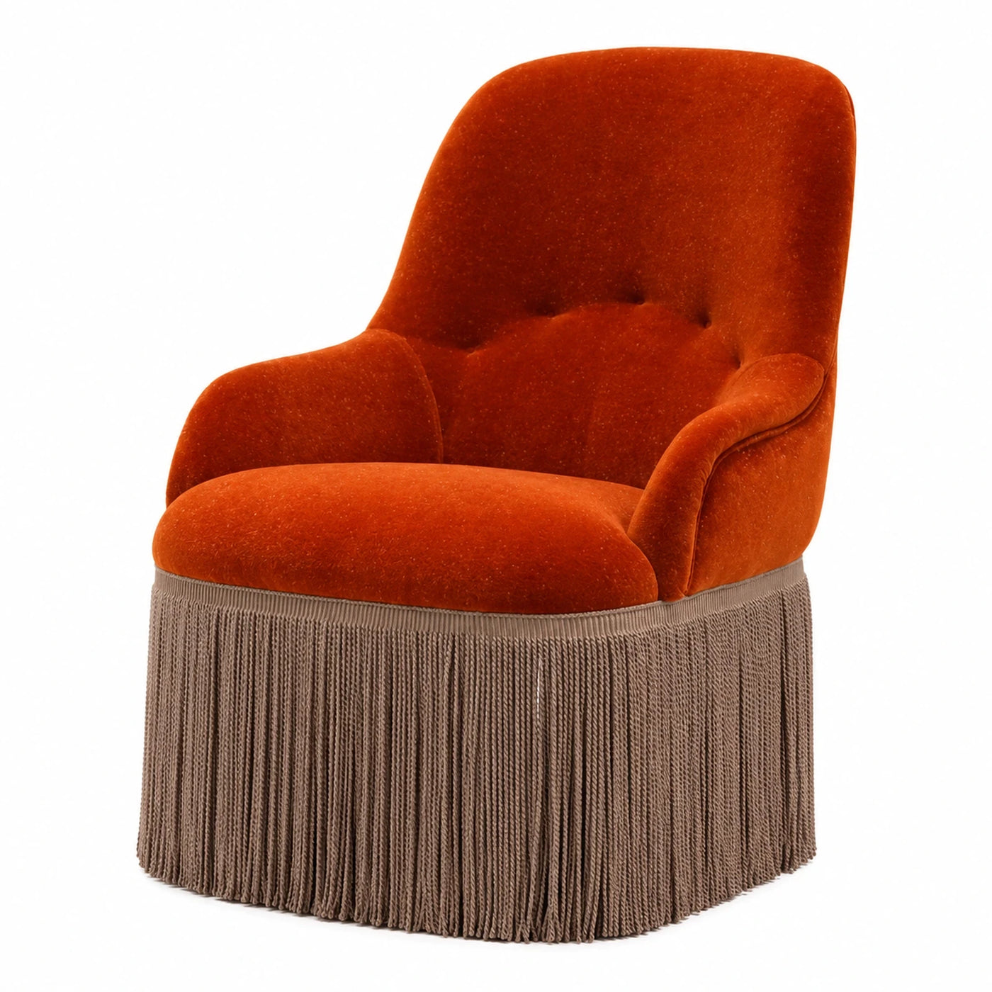 Mixed Wide Plank Orange Velvet Swivel Armchair with Fringe Base
