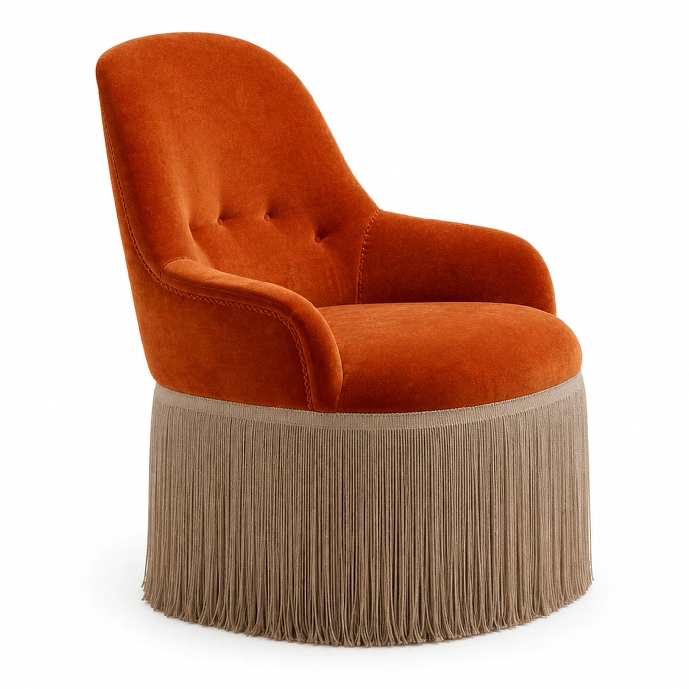 Brown Linear Orange Velvet Swivel Armchair with Fringe Base