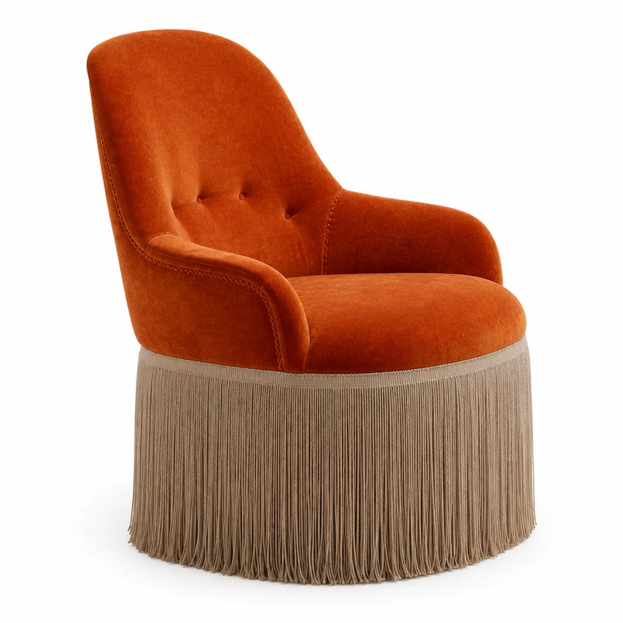 Brown Linear Orange Velvet Swivel Armchair with Fringe Base
