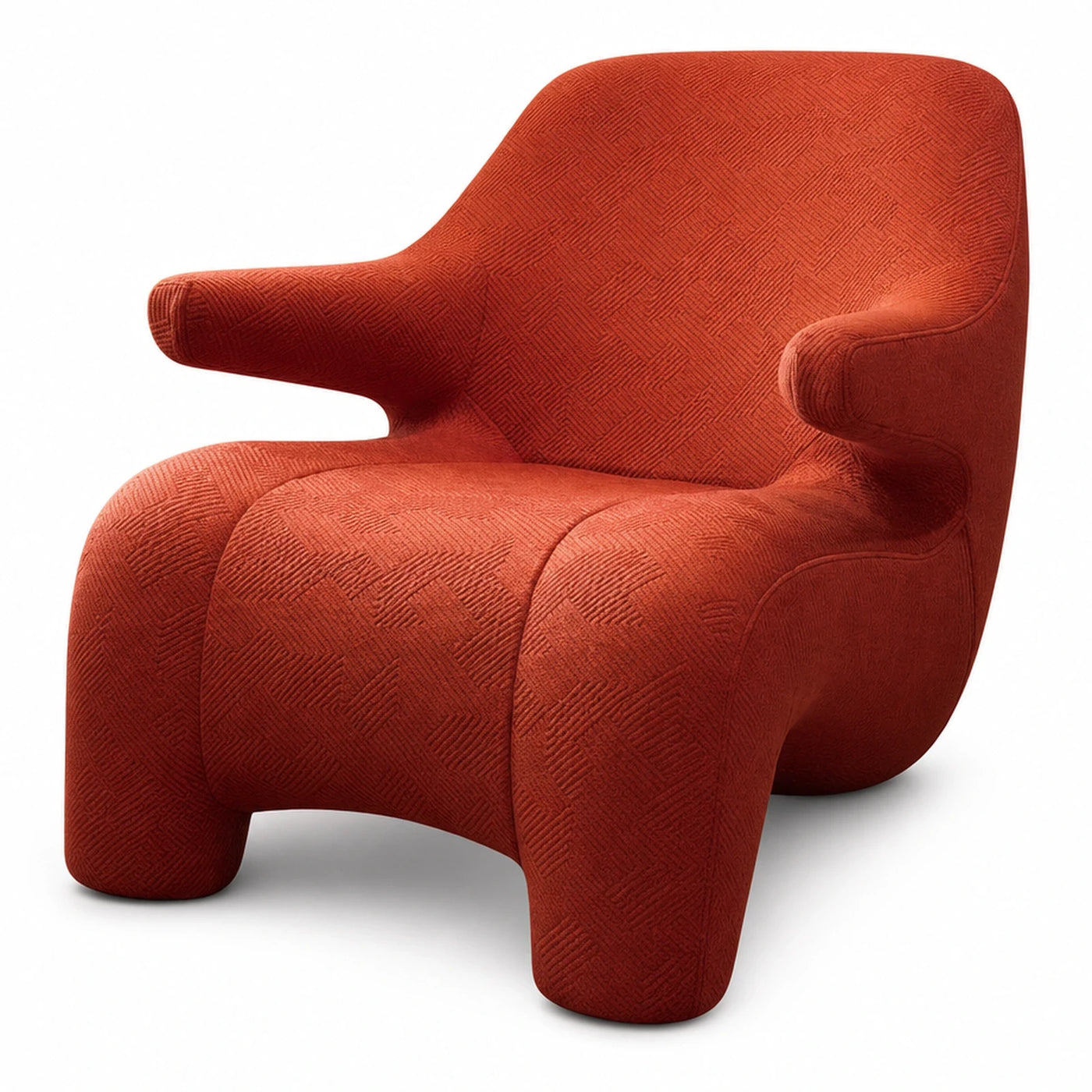 Red Textured Fabric Lounge Chair with Sculptural Curved Design