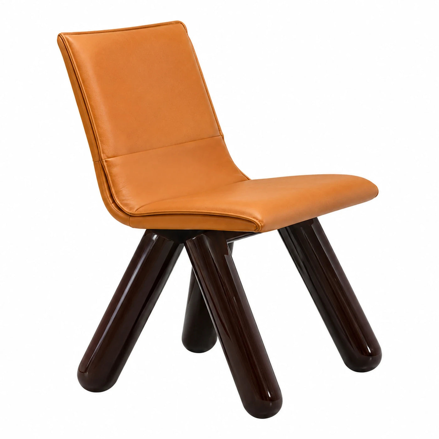 Modern Orange Leather Dining Chair with Dark Wood Legs