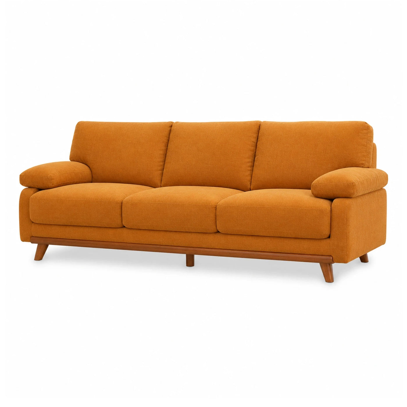 Orange Fabric Three-Seater Sofa with Wooden Legs