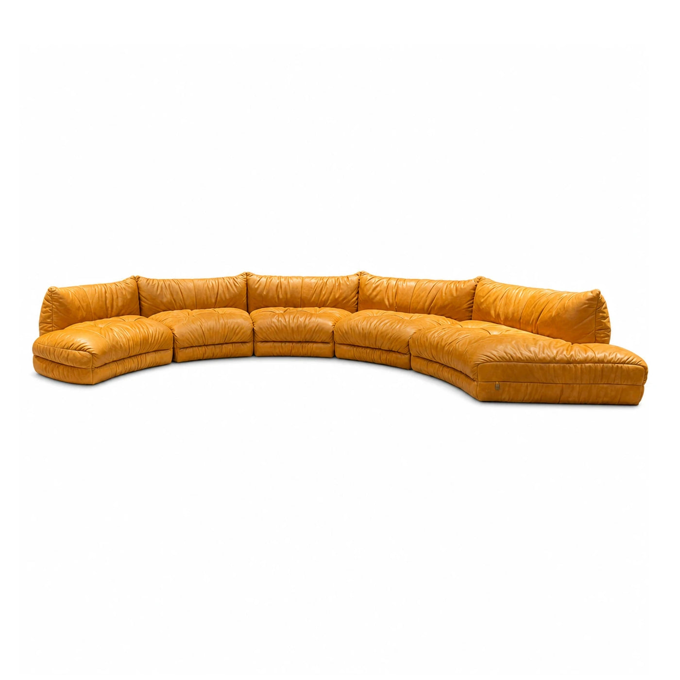 Curved Modular Leather Sectional Sofa in Mustard Yellow