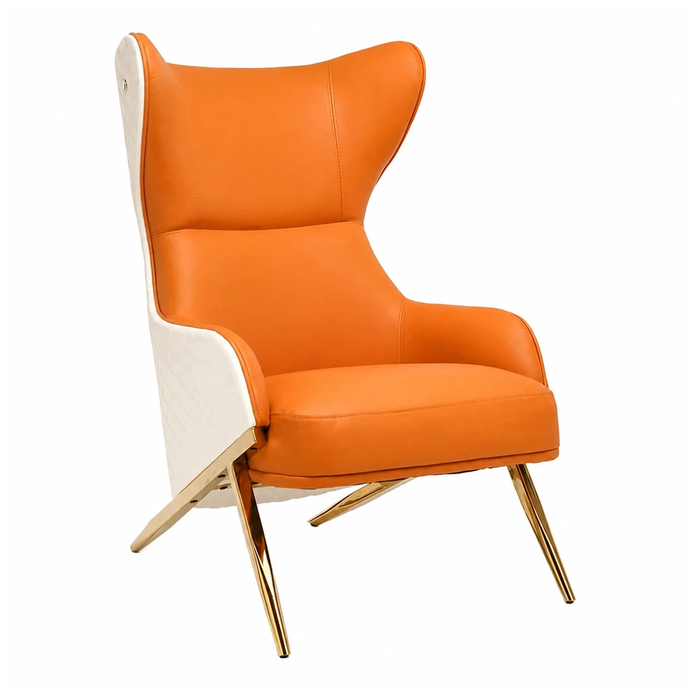 Orange and White Leather Wingback Armchair with Gold Legs