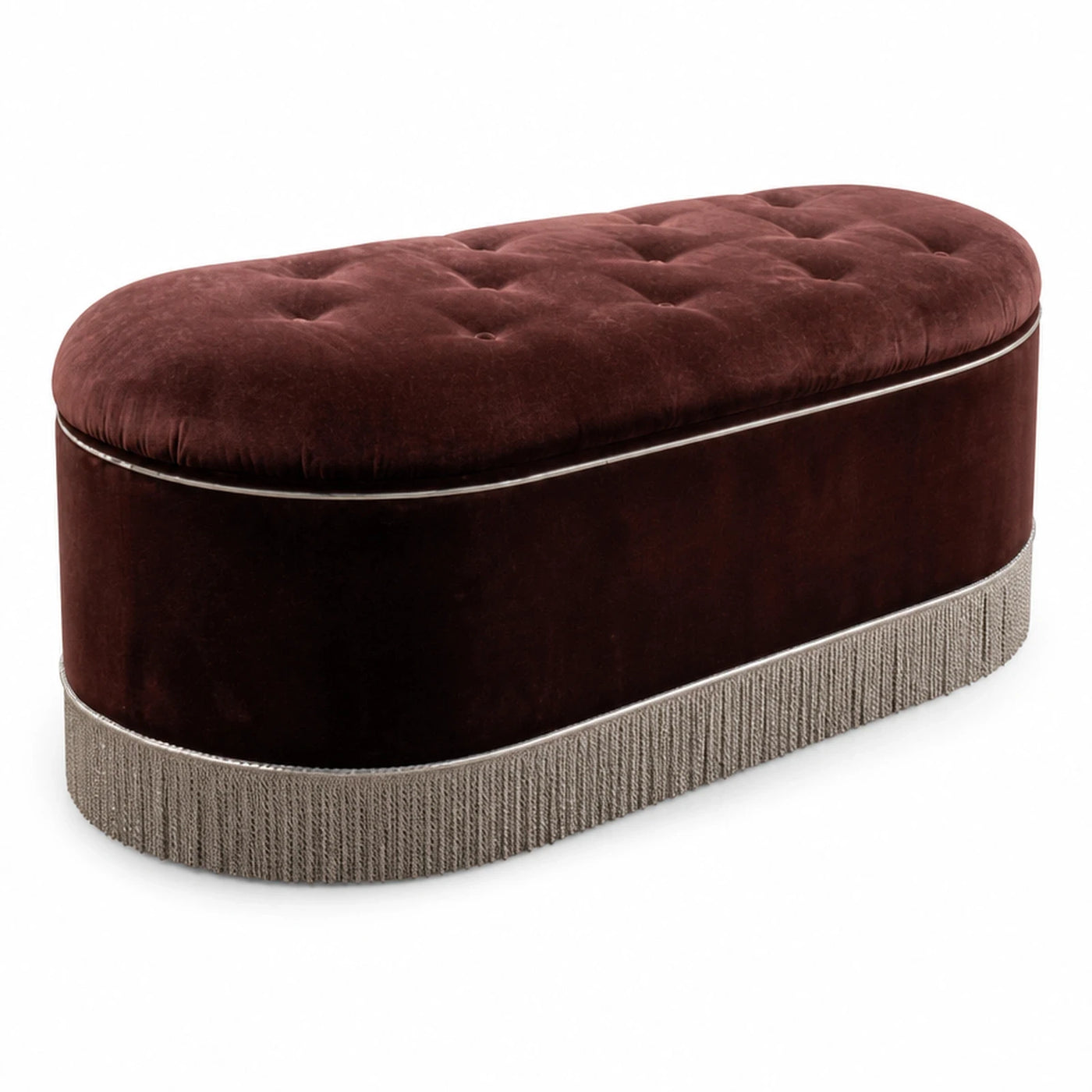 Burgundy Velvet Tufted Oval Storage Ottoman Bench