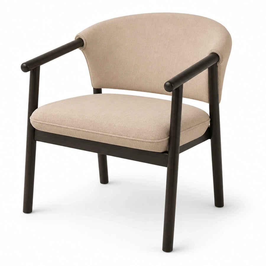 Beige Fabric Armchair with Dark Wood Frame