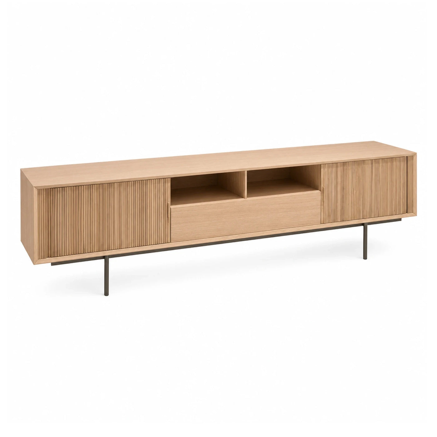 Light Wood TV Stand with Fluted Doors and Metal Legs