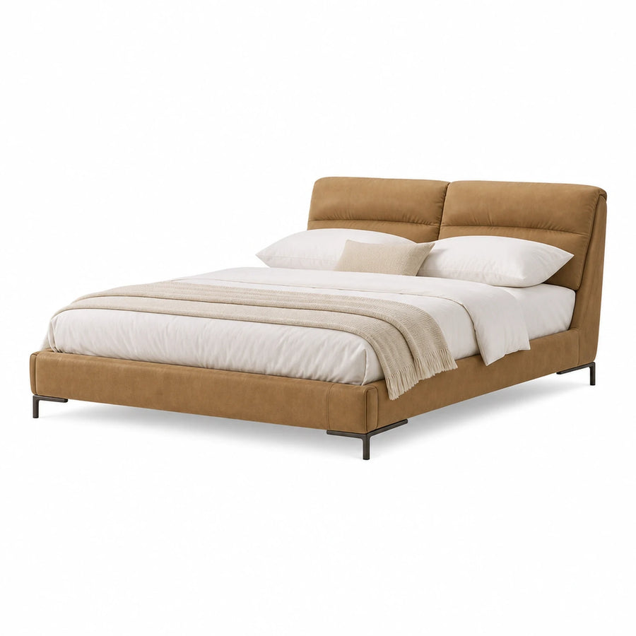 Tan Upholstered Platform Bed with Metal Legs