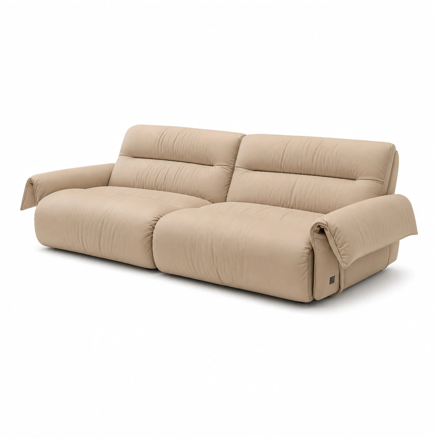 Beige Leather Reclining Sofa with Foldable Armrests