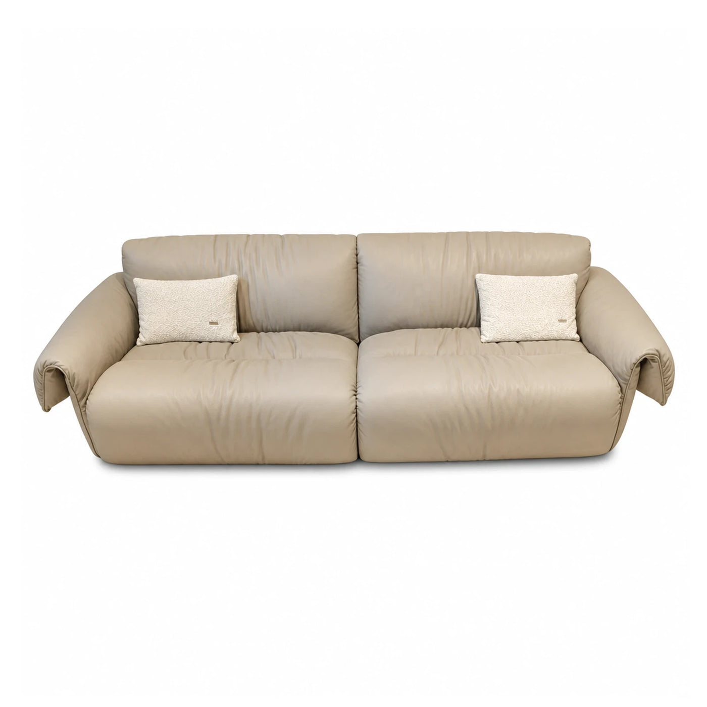 Beige Leather Two-Seat Sofa with Textured Pillows