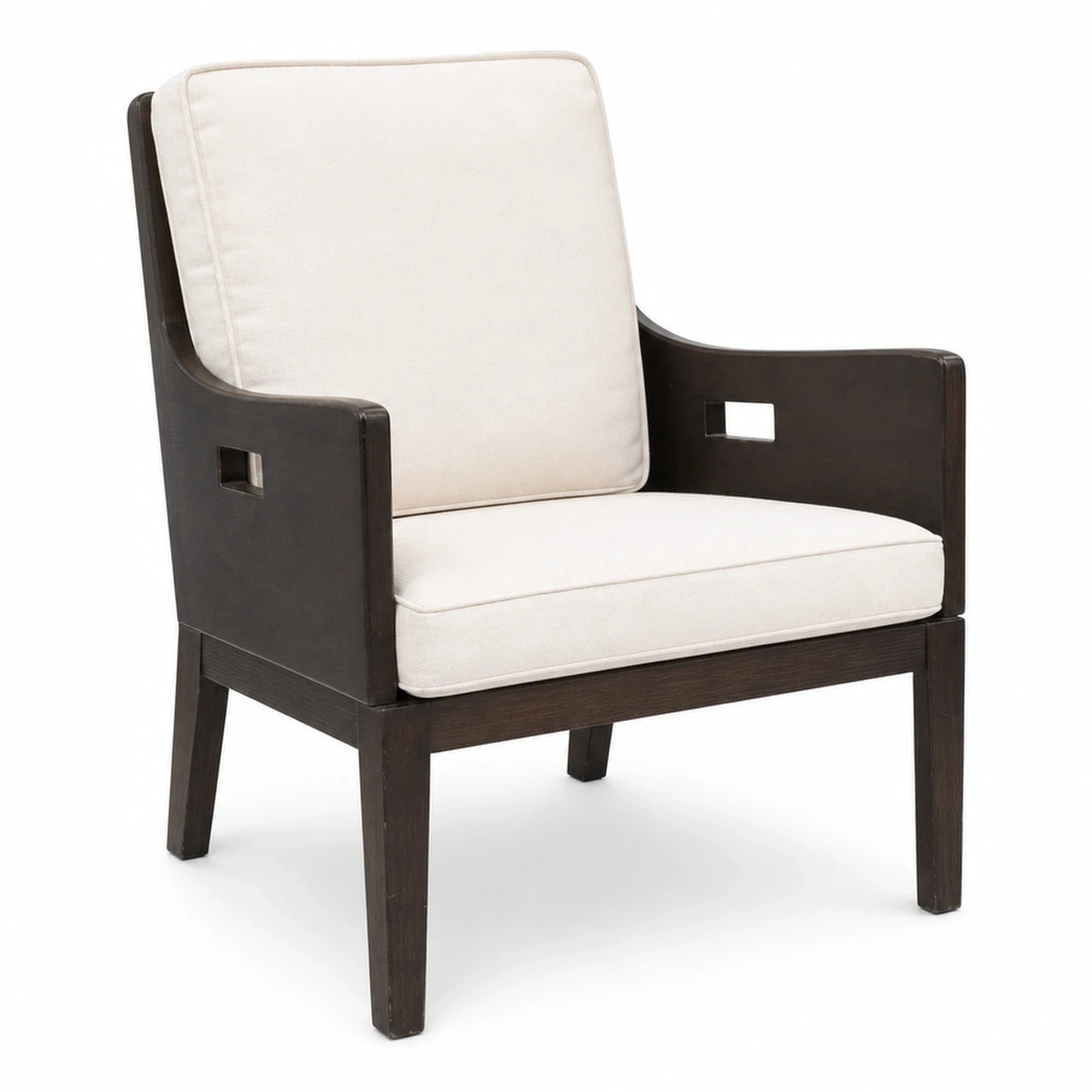 Dark Wood Armchair with Cream Cushions