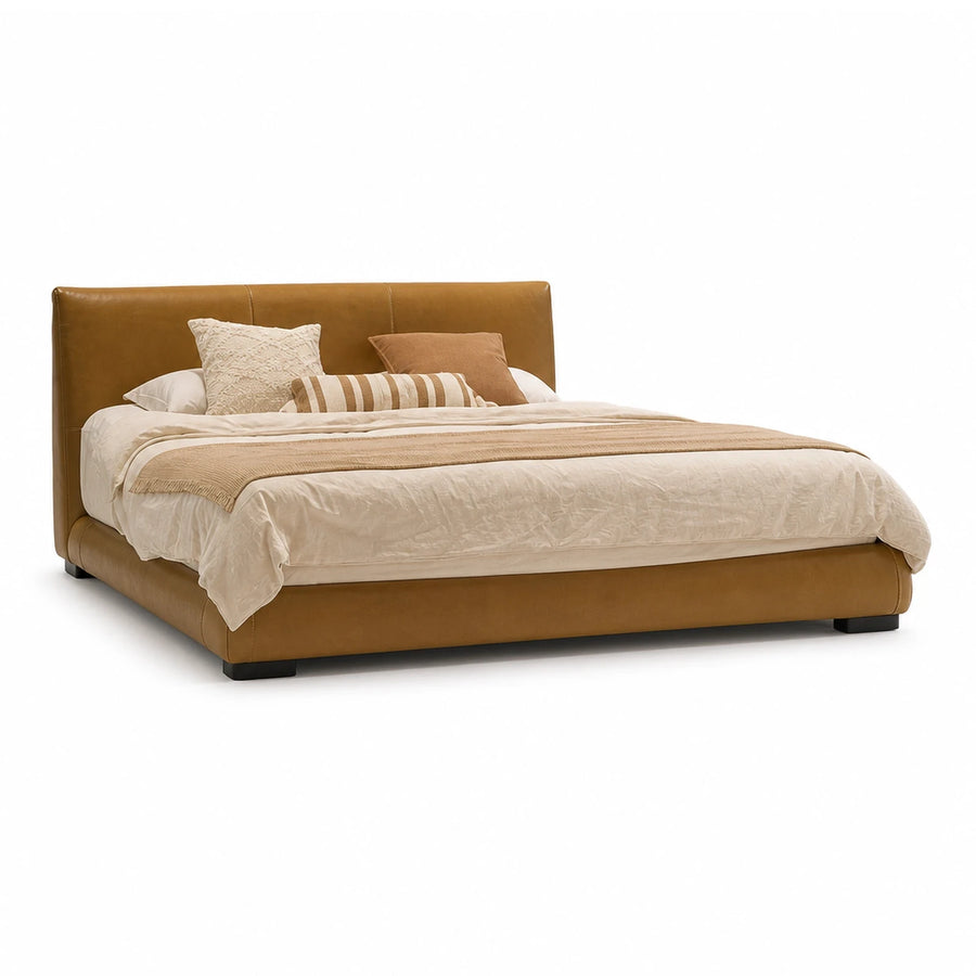 Brown Leather Upholstered Platform Bed with Low Profile Headboard