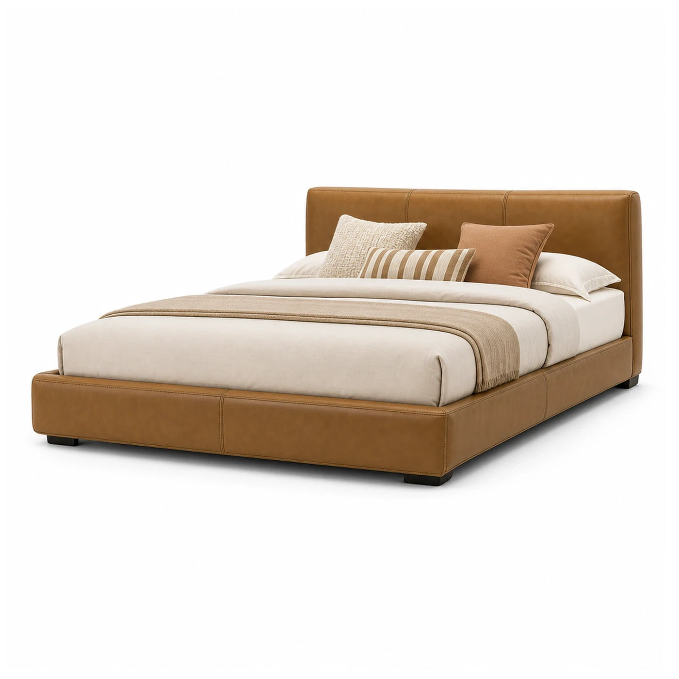 Brown Leather Upholstered Platform Bed with Padded Headboard
