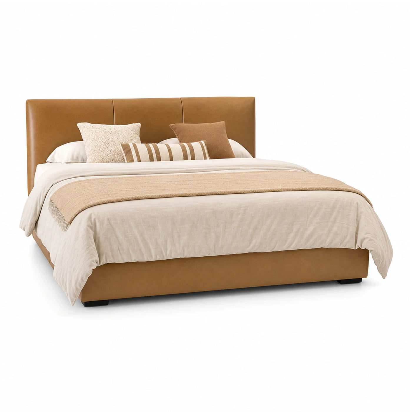 Brown Leather Upholstered Platform Bed with Padded Headboard