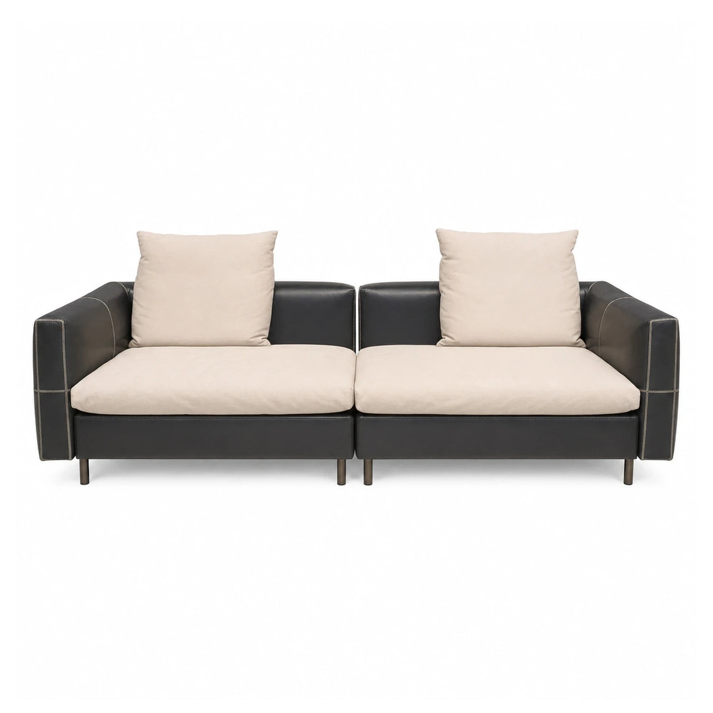 Modular Two-Seat Sofa with Cream Cushions and Dark Leather Frame