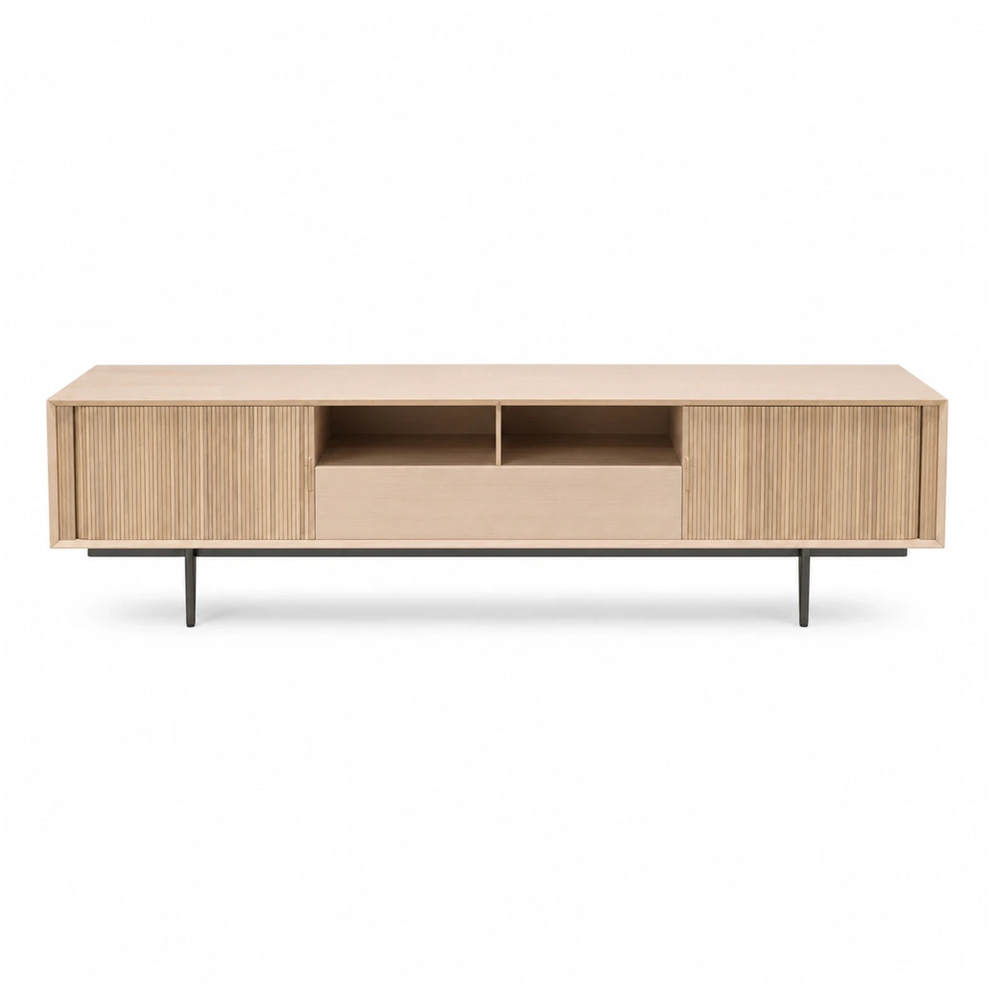 Light Wood TV Stand with Fluted Doors and Metal Legs