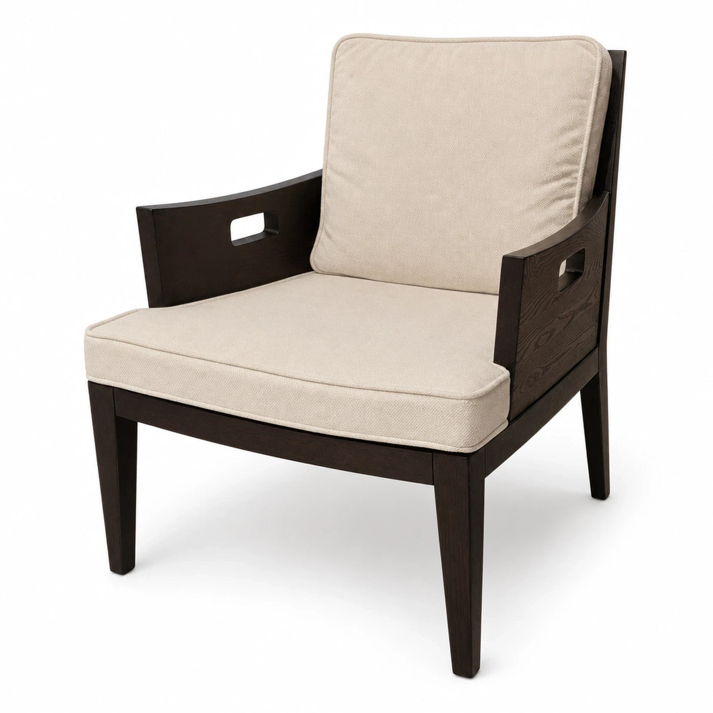 Dark Wood Armchair with Beige Cushions
