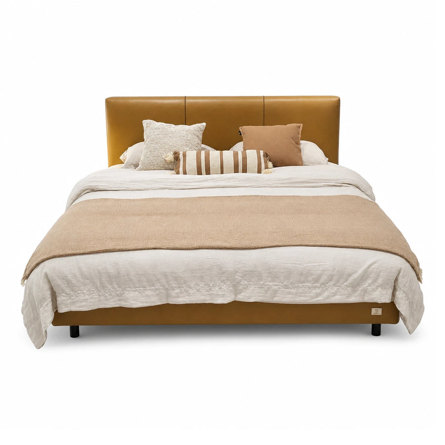 Tan Leather Upholstered Platform Bed with Padded Headboard