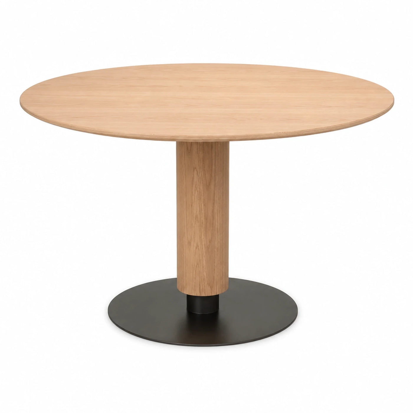 Round Pedestal Dining Table with Wood Top and Black Metal Base