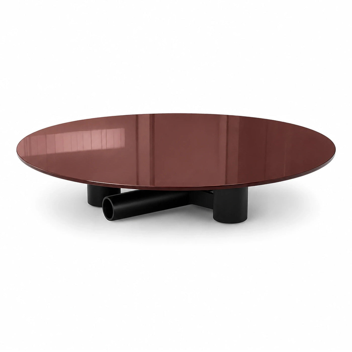 Round Glossy Brown Coffee Table with Black Metal Base