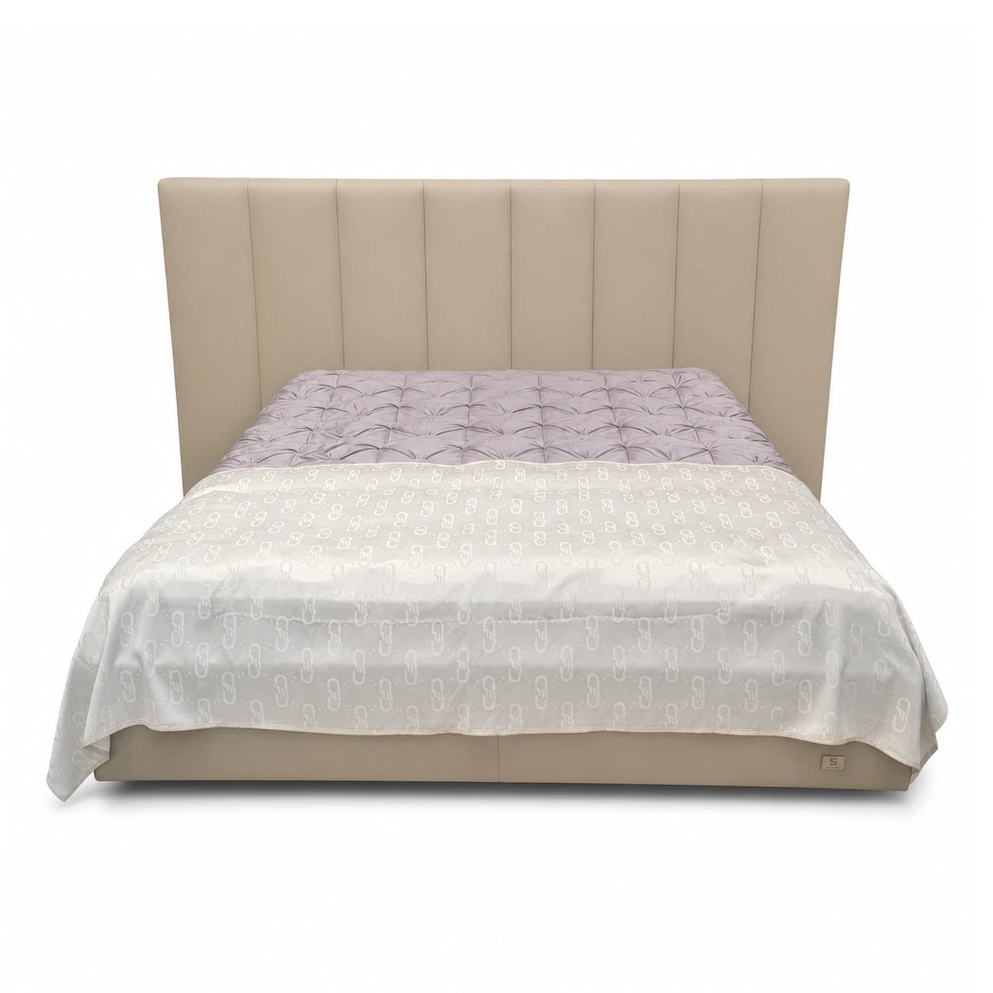 Beige Upholstered Platform Bed with Vertical Channel Headboard
