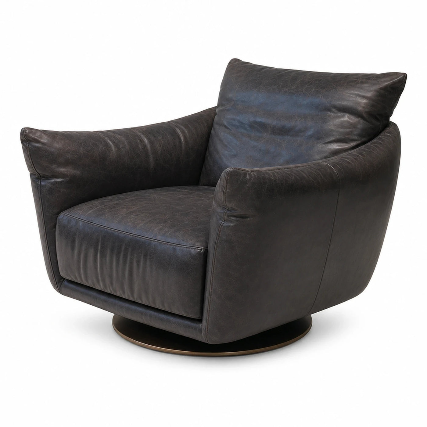 Dark Brown Leather Swivel Armchair with Metal Base