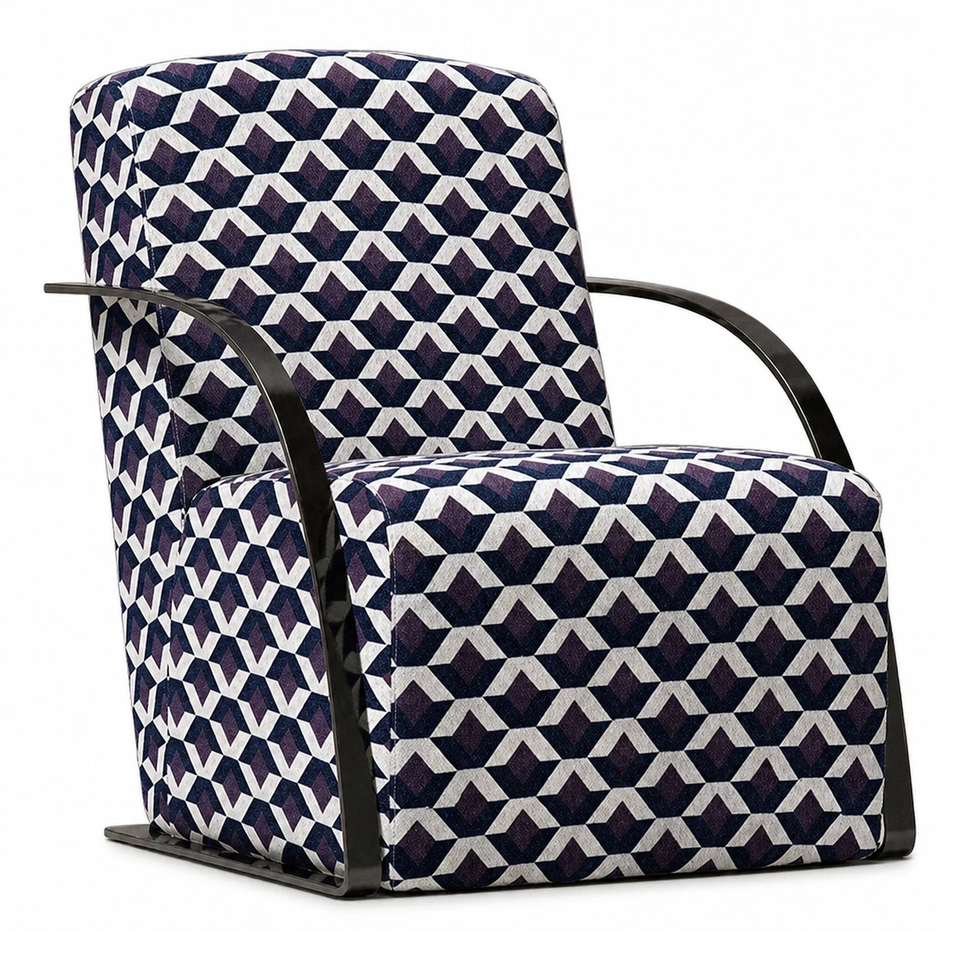Geometric Patterned Fabric Armchair with Black Metal Frame