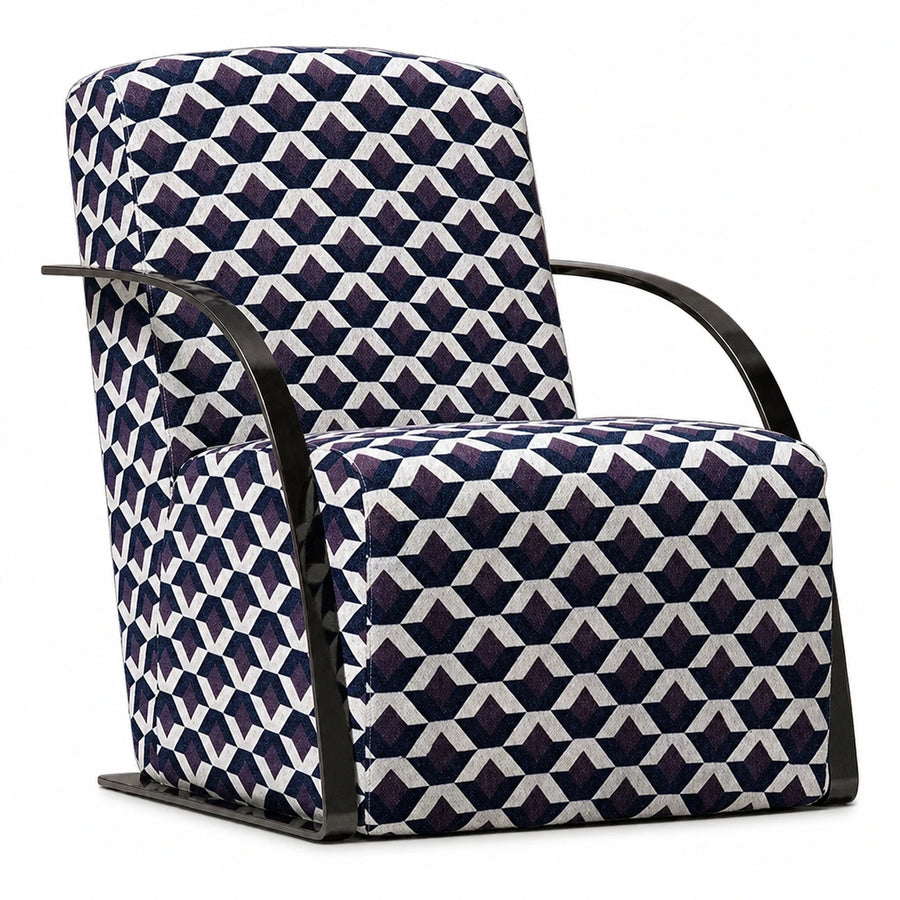 Geometric Patterned Fabric Armchair with Black Metal Frame