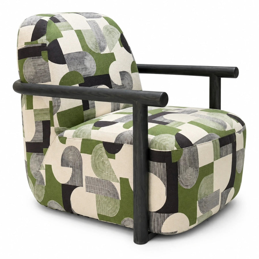 Geometric Pattern Fabric Armchair with Dark Wood Frame