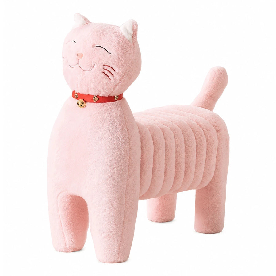 Pink Plush Cat Shaped Stool with Bell Collar