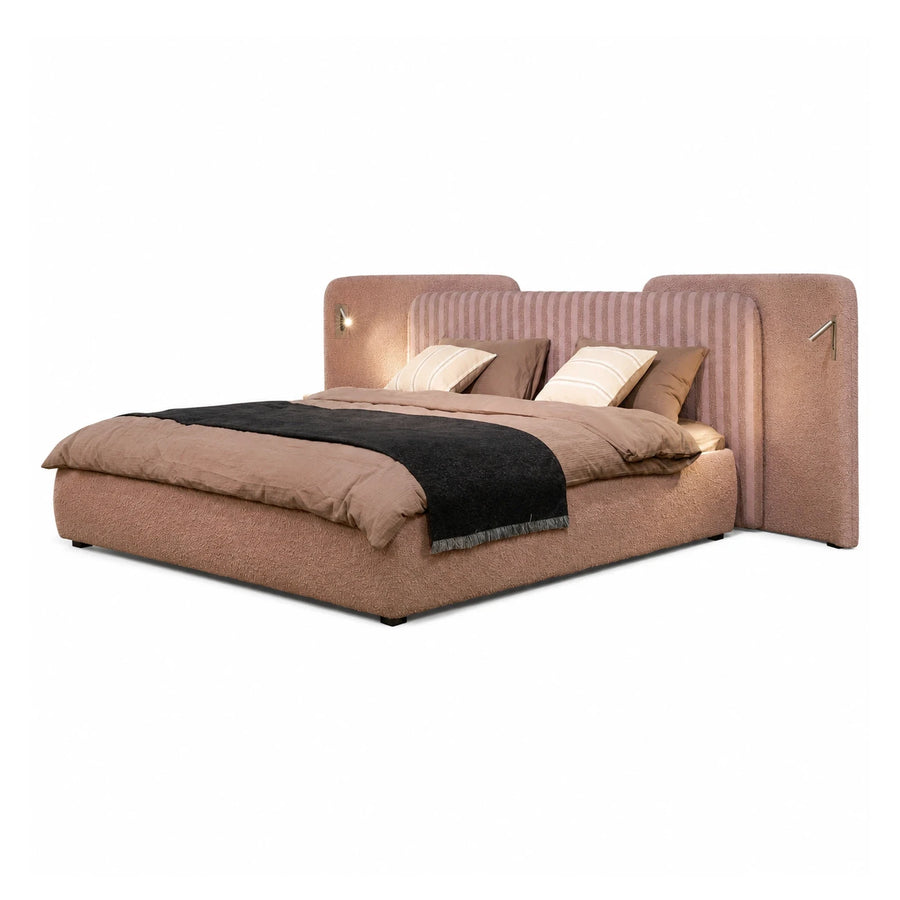 Pink Boucle Upholstered Bed with Integrated Reading Lights