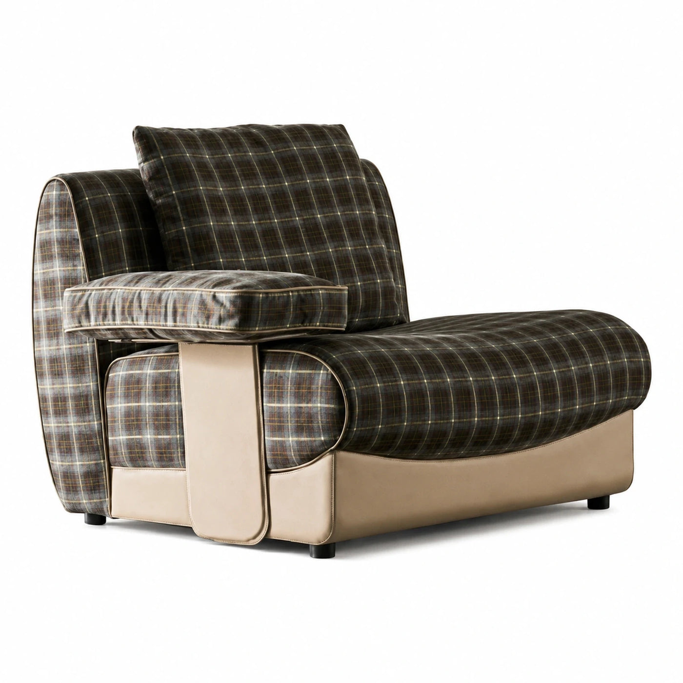 Brown Linear Plaid Fabric Lounge Chair with Leather Base