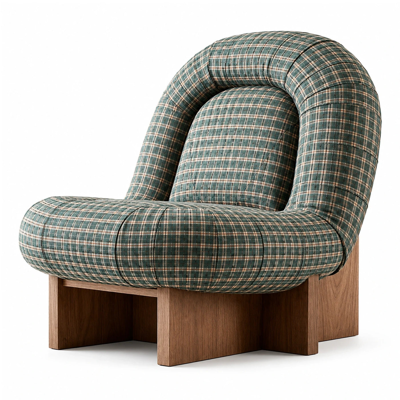 Green Plaid Upholstered Lounge Chair with Wooden Base