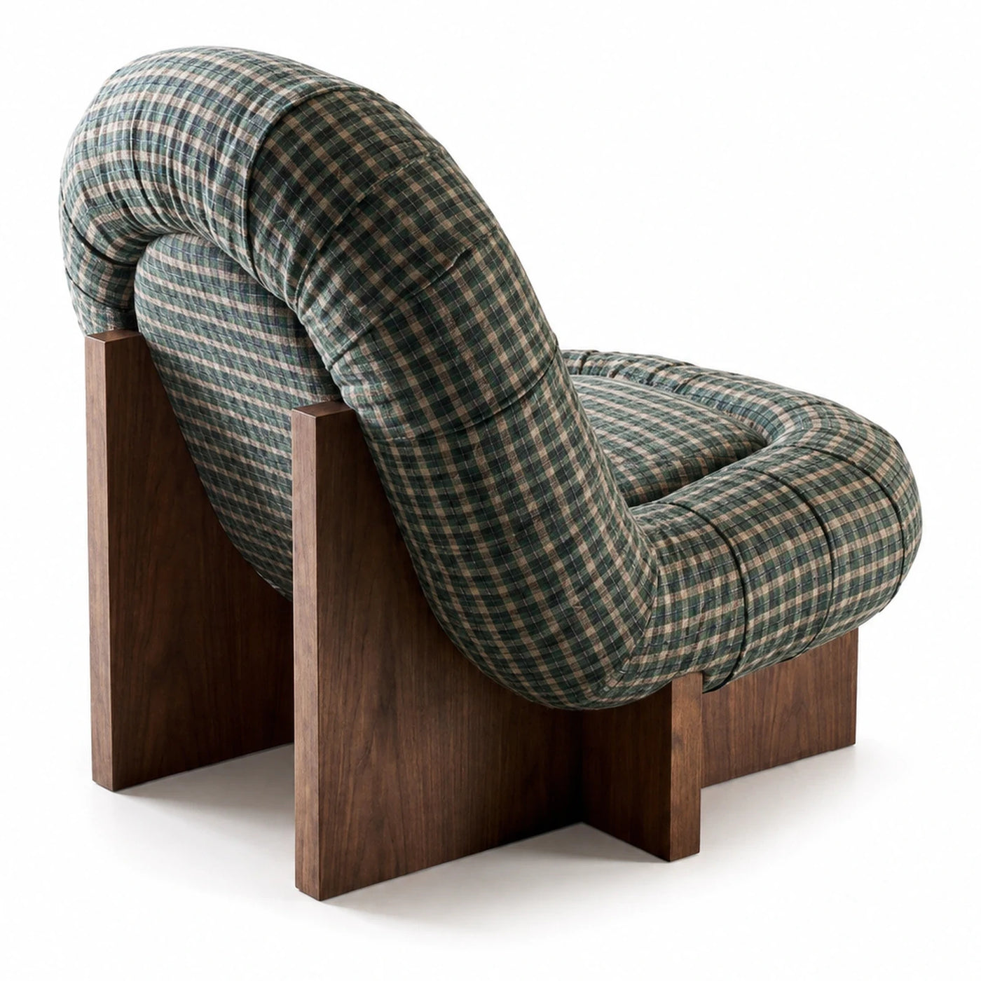 Green Plaid Lounge Chair with Wooden Base