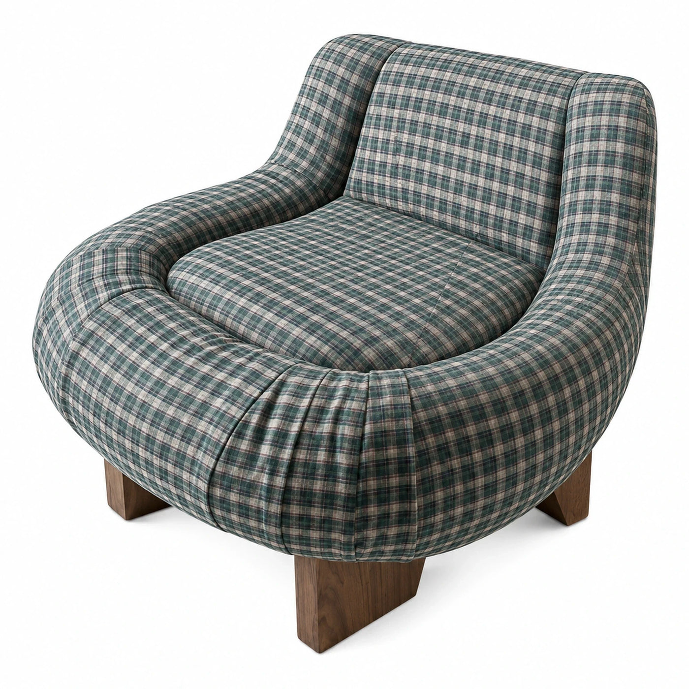 Green Plaid Upholstered Lounge Chair with Wooden Legs