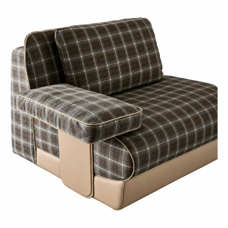 Plaid Fabric Modular Sofa Section with Leather Base