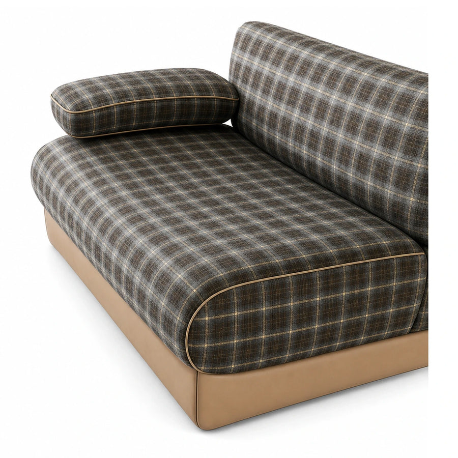 Plaid Fabric Sofa with Leather Base