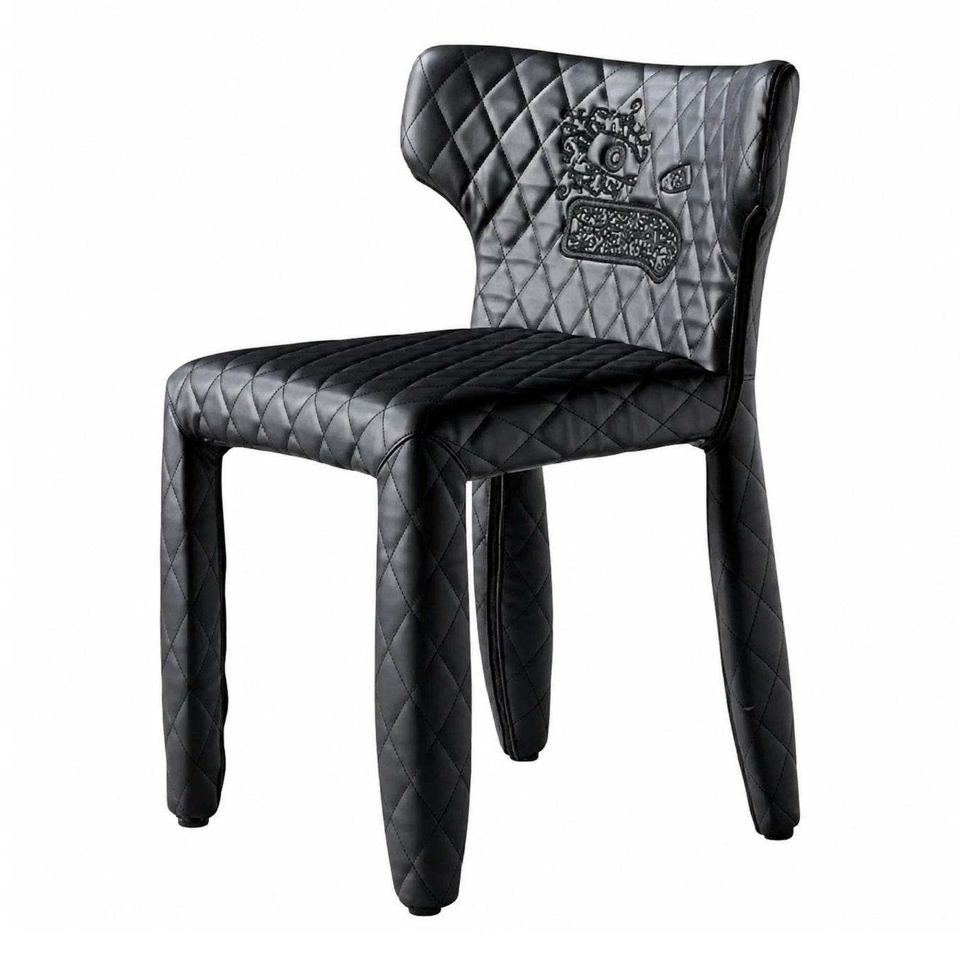 Black Quilted Leather Dining Chair with Embroidered Detail
