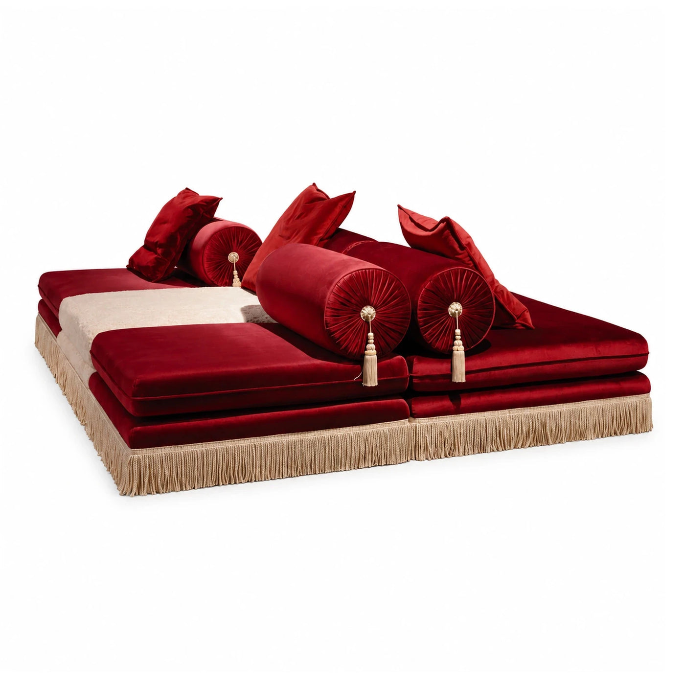 Red Velvet Modular Daybed with Tassel Bolster Pillows