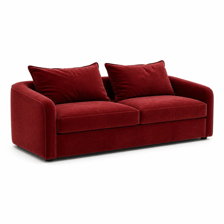 Red Velvet Two-Seater Sofa with Plush Cushions