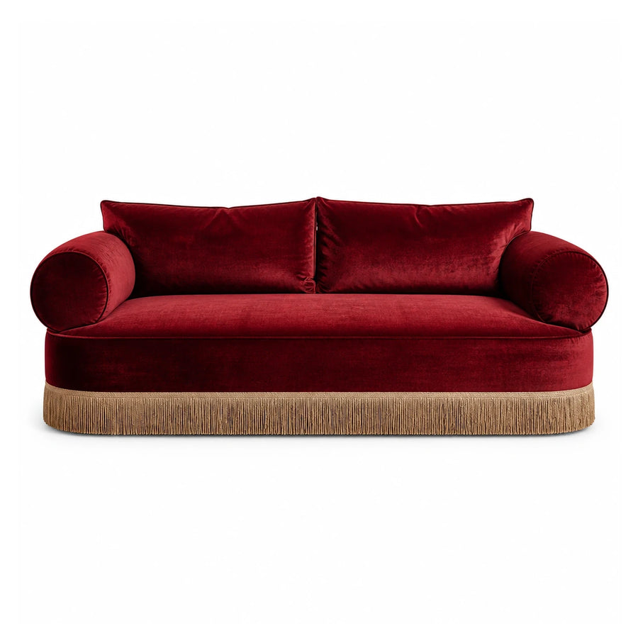 Red Velvet Sofa with Fringe Base