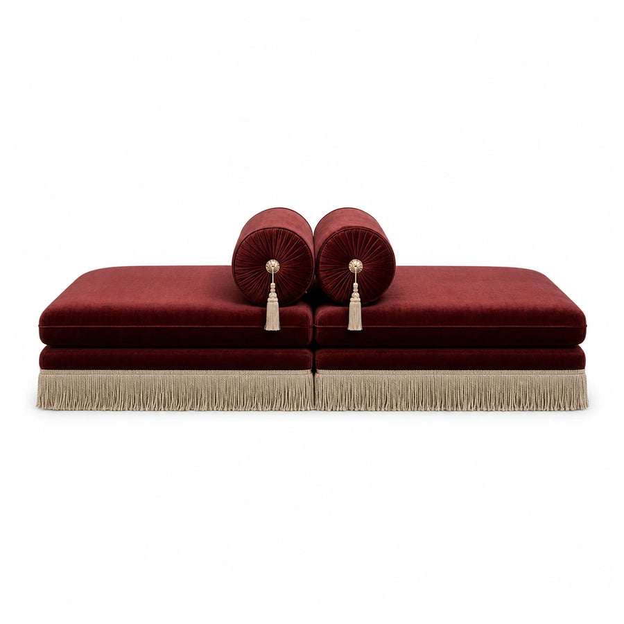 Red Velvet Modular Daybed with Tassel Pillows