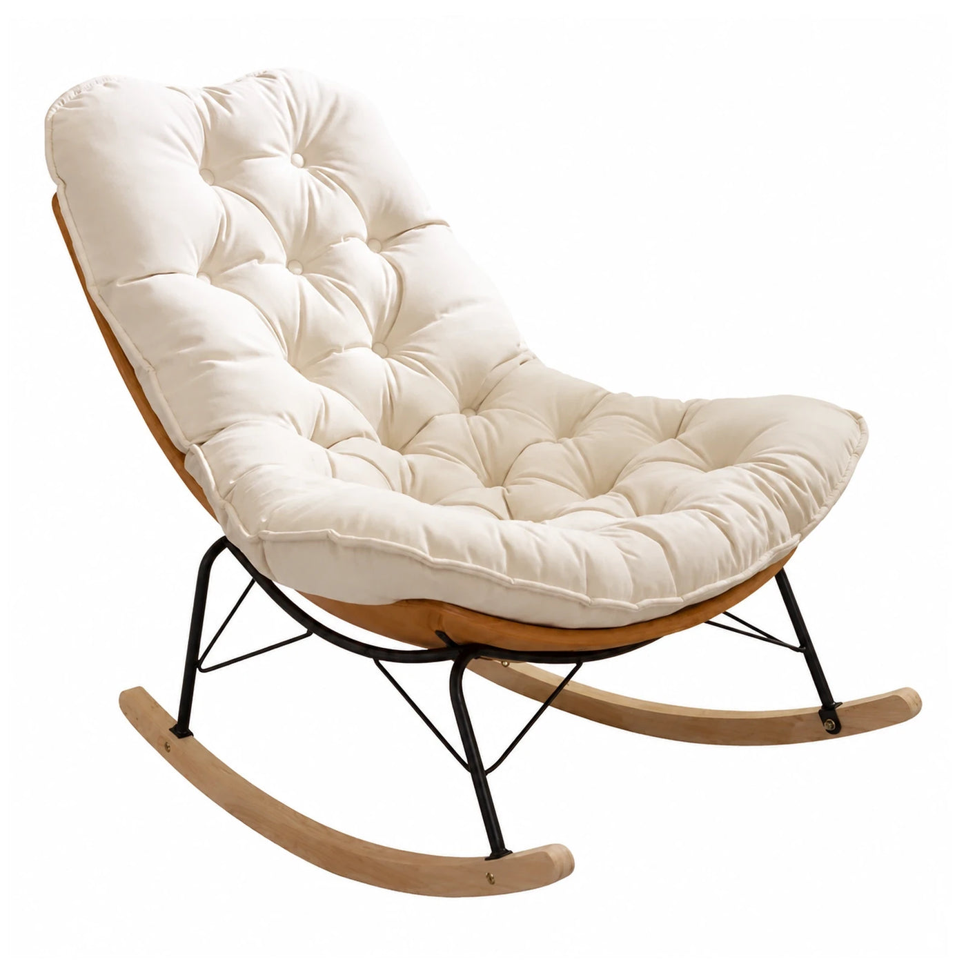 Cream Tufted Rocking Lounge Chair with Wood Base