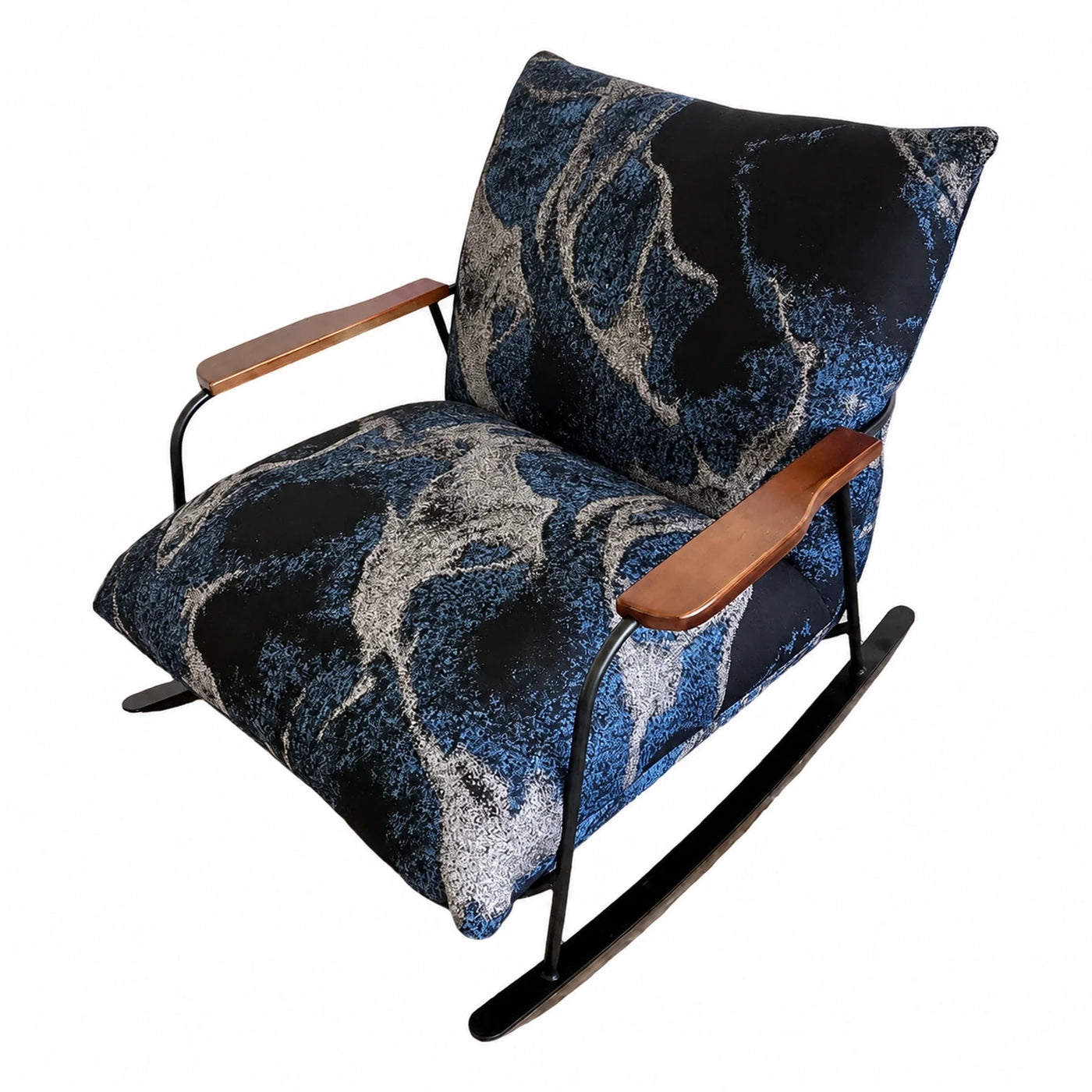 Blue Abstract Pattern Rocking Chair with Wooden Armrests