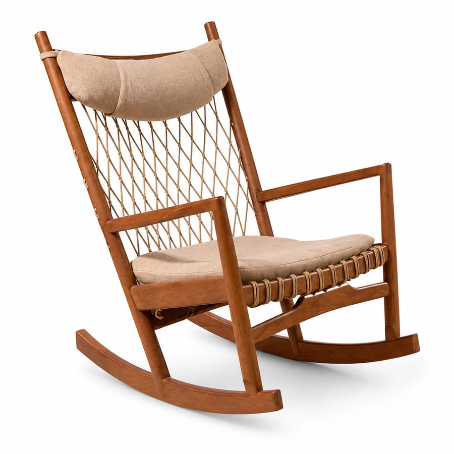 Wooden Rocking Chair with Cord Back and Beige Cushion