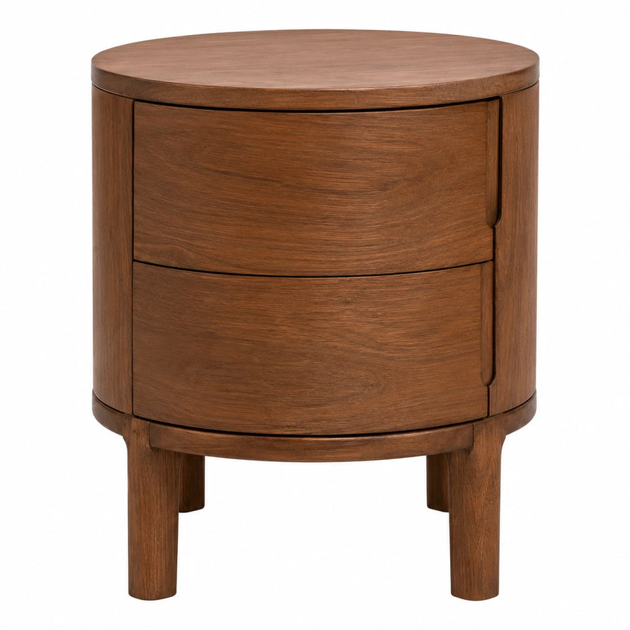 Round Wooden Nightstand with Two Drawers